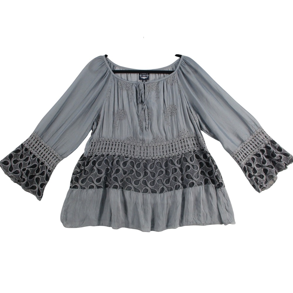 Le Marais Paris Silk Gray Eyelet Crochet Lace Peasant Blouse Made in Italy Boho